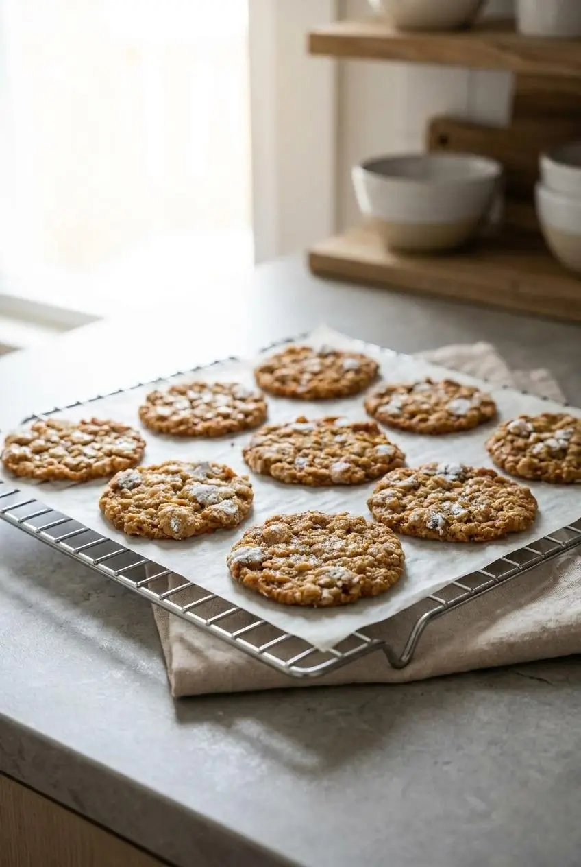 Freshly baked oatmeal cookies with cracked powdered sugar tops cooling on a parchment-lined wire rack.