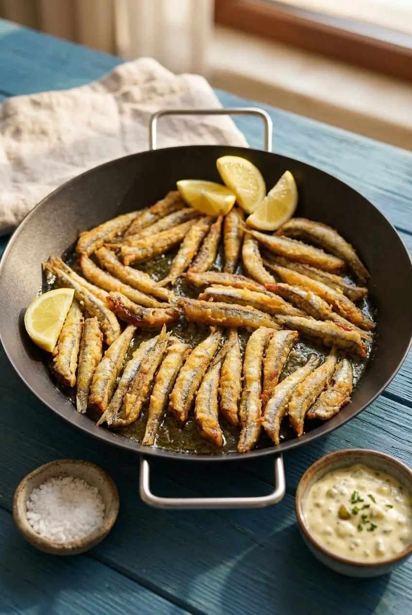 Fried anchovies on a ceramic plate with lemon wedges and a small bowl of creamy tartar sauce.