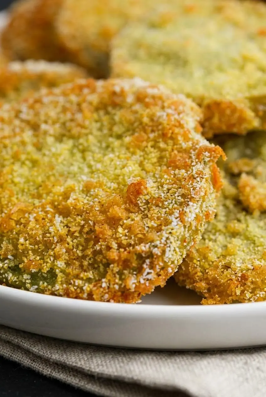Macro close-up of a fried green tomato slice showing the textured cornmeal and panko breading.
