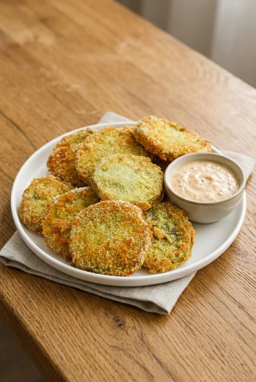 Platter of fried green tomatoes on a dining table served with a side bowl of creamy Cajun remoulade.