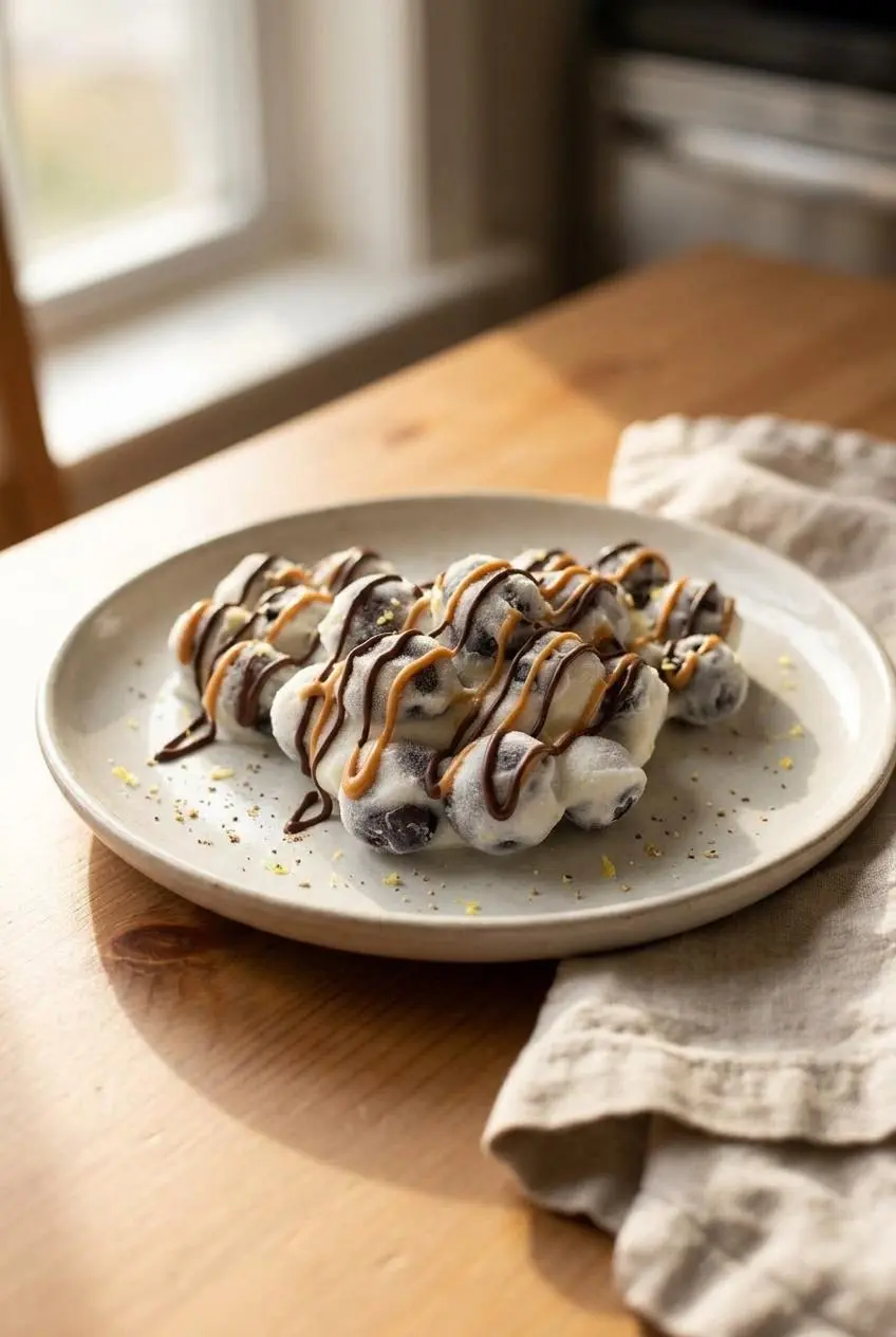 Frozen yogurt blueberry clusters arranged on a plate, drizzled with dark chocolate, peanut butter, and lemon zest.