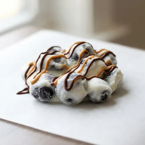 Frozen Yogurt Covered Blueberries in a cold, creamy cluster with a light dusting of fresh lemon zest.