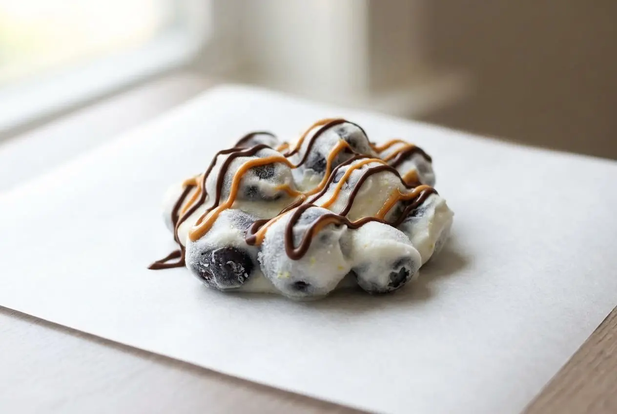 Frozen Yogurt Covered Blueberries in a cold, creamy cluster with a light dusting of fresh lemon zest.