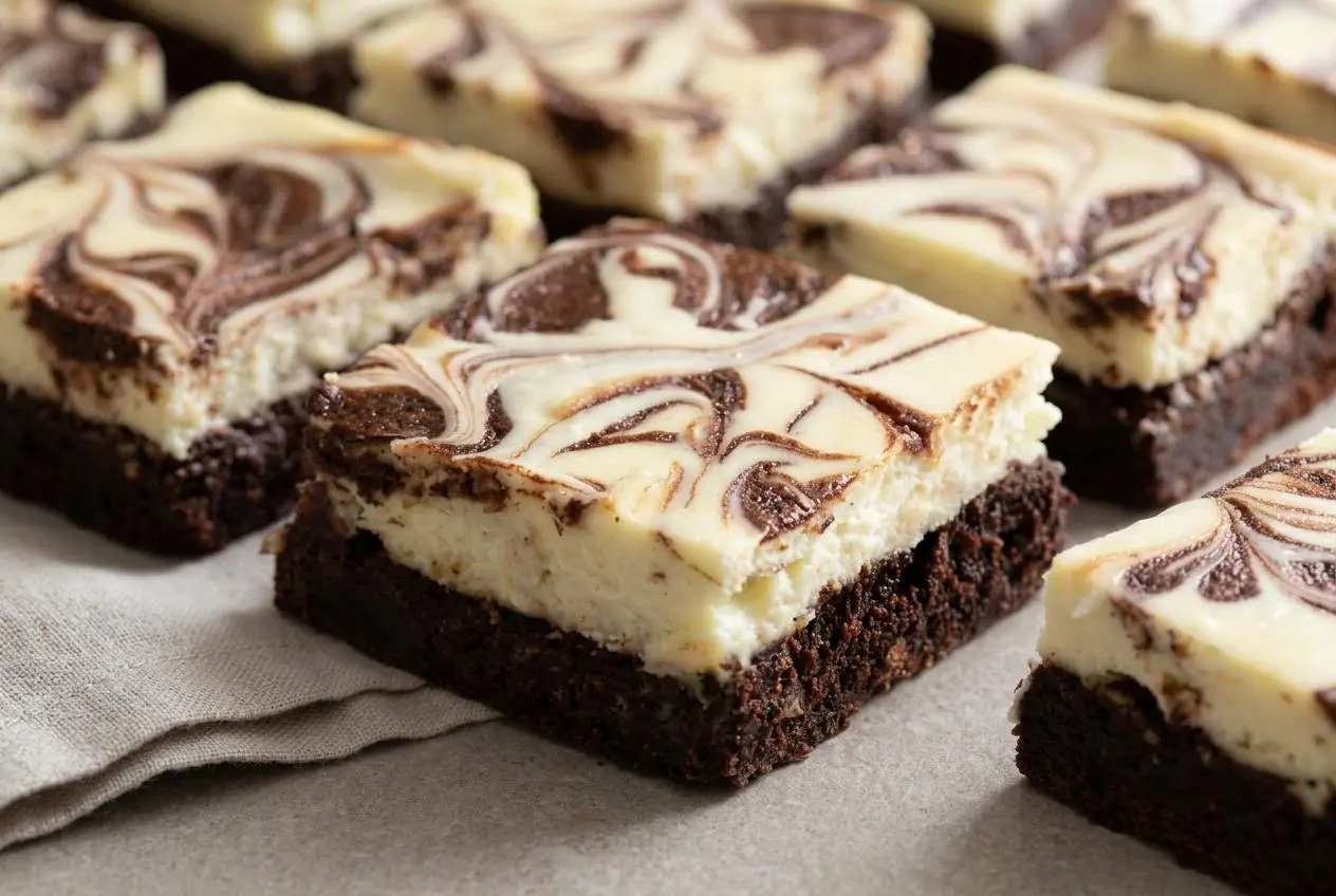 Swirled cheesecake brownie bars with a fudgy dark chocolate base and a creamy vanilla cream cheese topping.