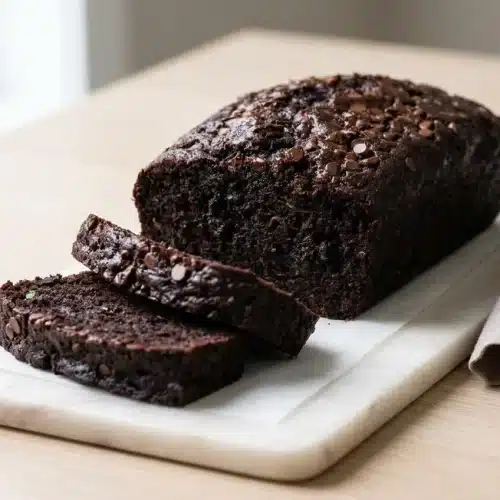 A moist loaf of chocolate zucchini bread with a craggy top and melted chocolate chips on a serving board.