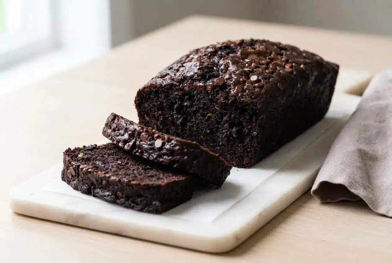 A moist loaf of chocolate zucchini bread with a craggy top and melted chocolate chips on a serving board.