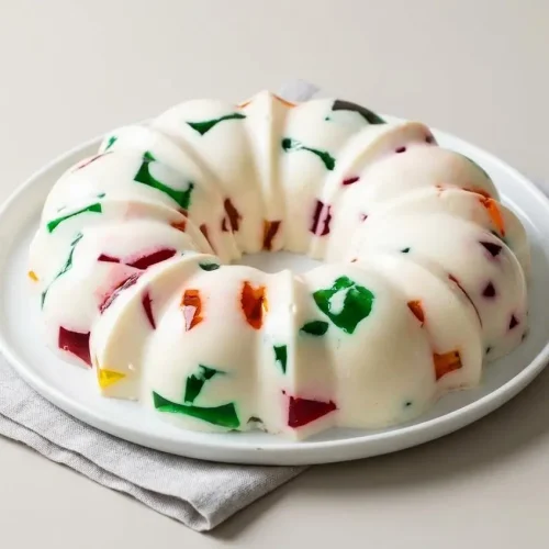 Gelatina De Mosaico bundt cake with bright colorful fruit cubes suspended in a creamy white milk layer.