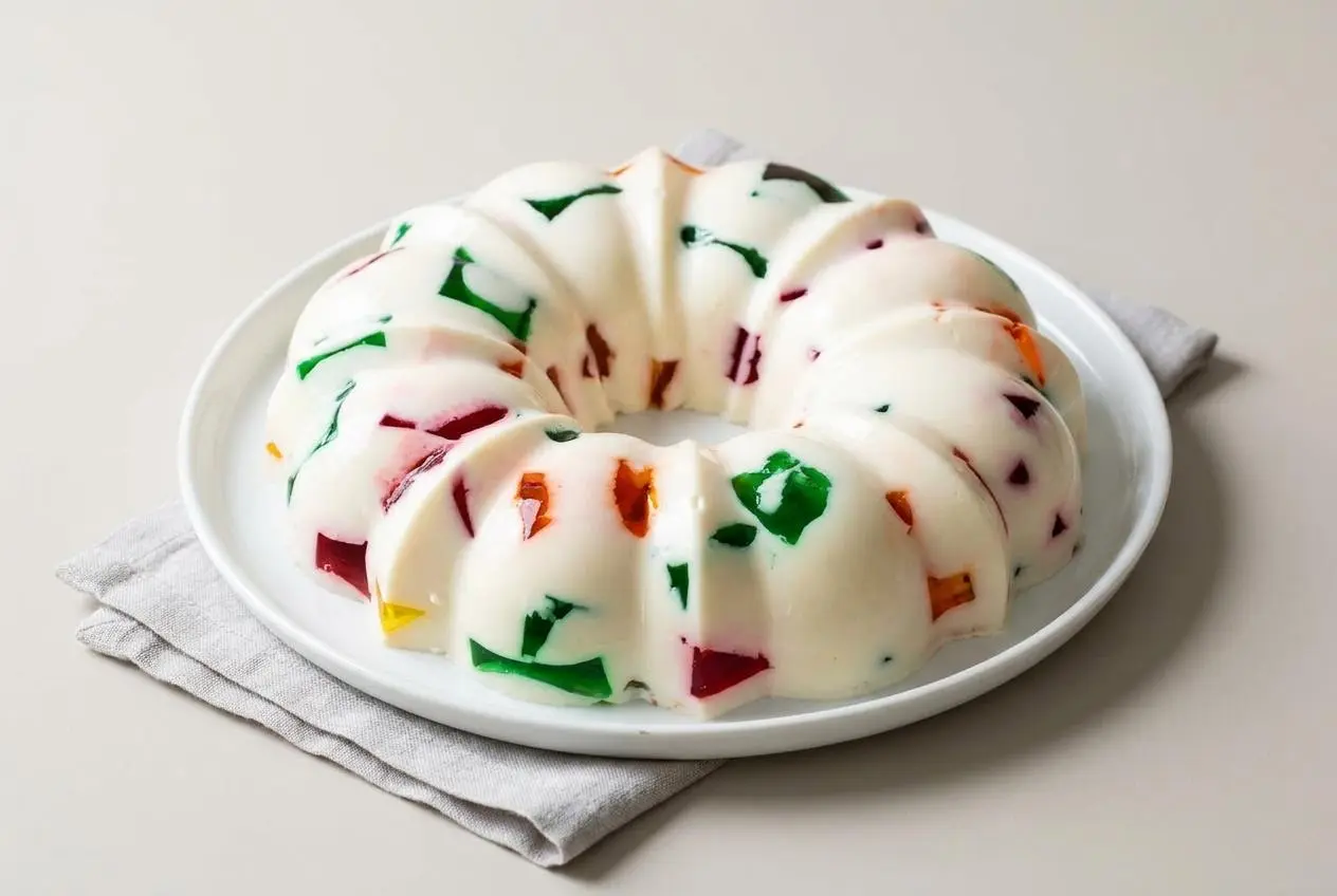 Gelatina De Mosaico bundt cake with bright colorful fruit cubes suspended in a creamy white milk layer.