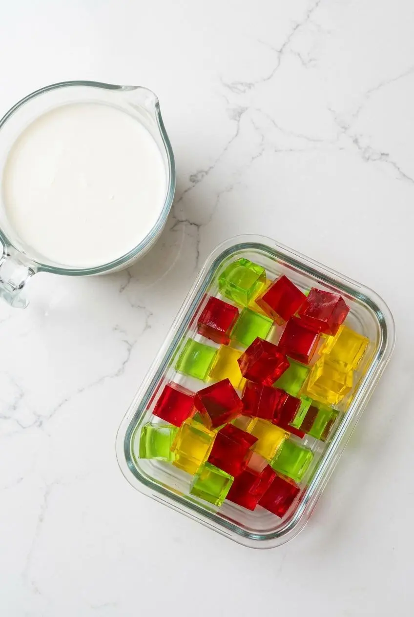 Diced red, yellow, and green gelatin cubes in a glass pan next to a pitcher of blended three-milk gelatin.