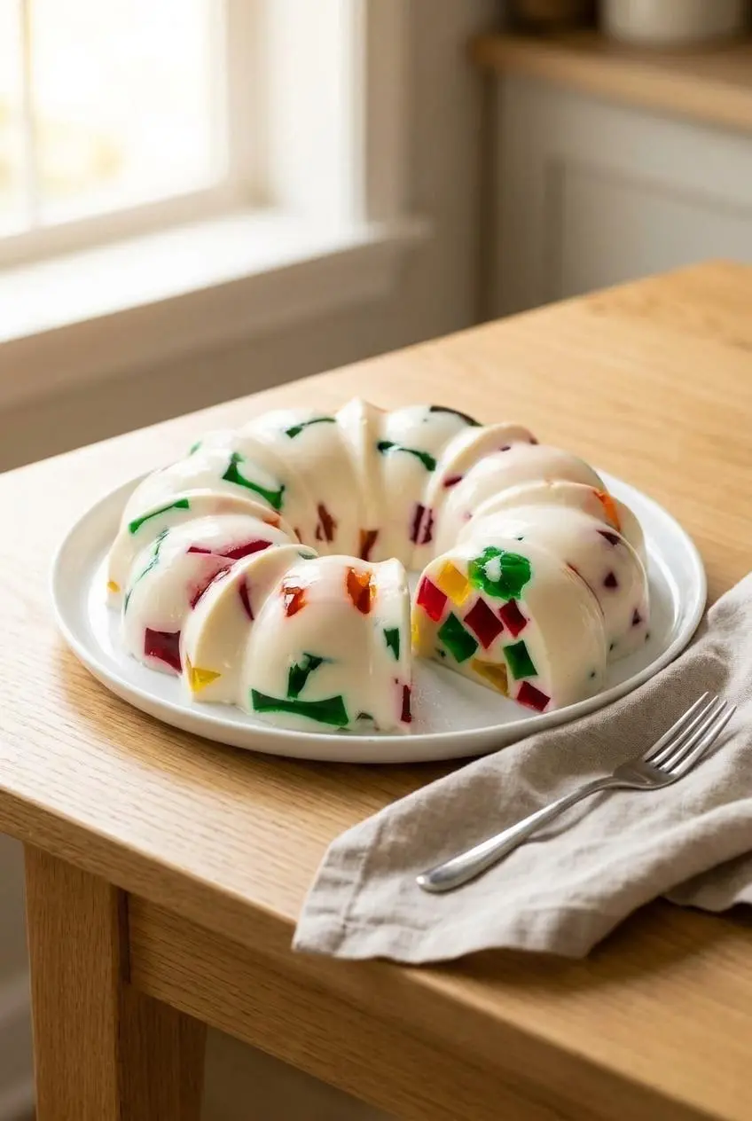 Unmolded Gelatina De Mosaico on a white round platter with one neat slice displayed next to the bundt ring.