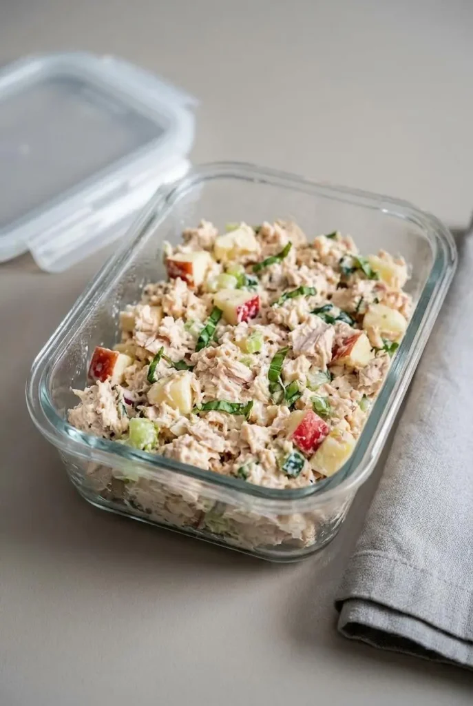 Fresh Martha Stewart’s Tuna Salad stored in a clear glass airtight meal prep container on a grey ceramic countertop.