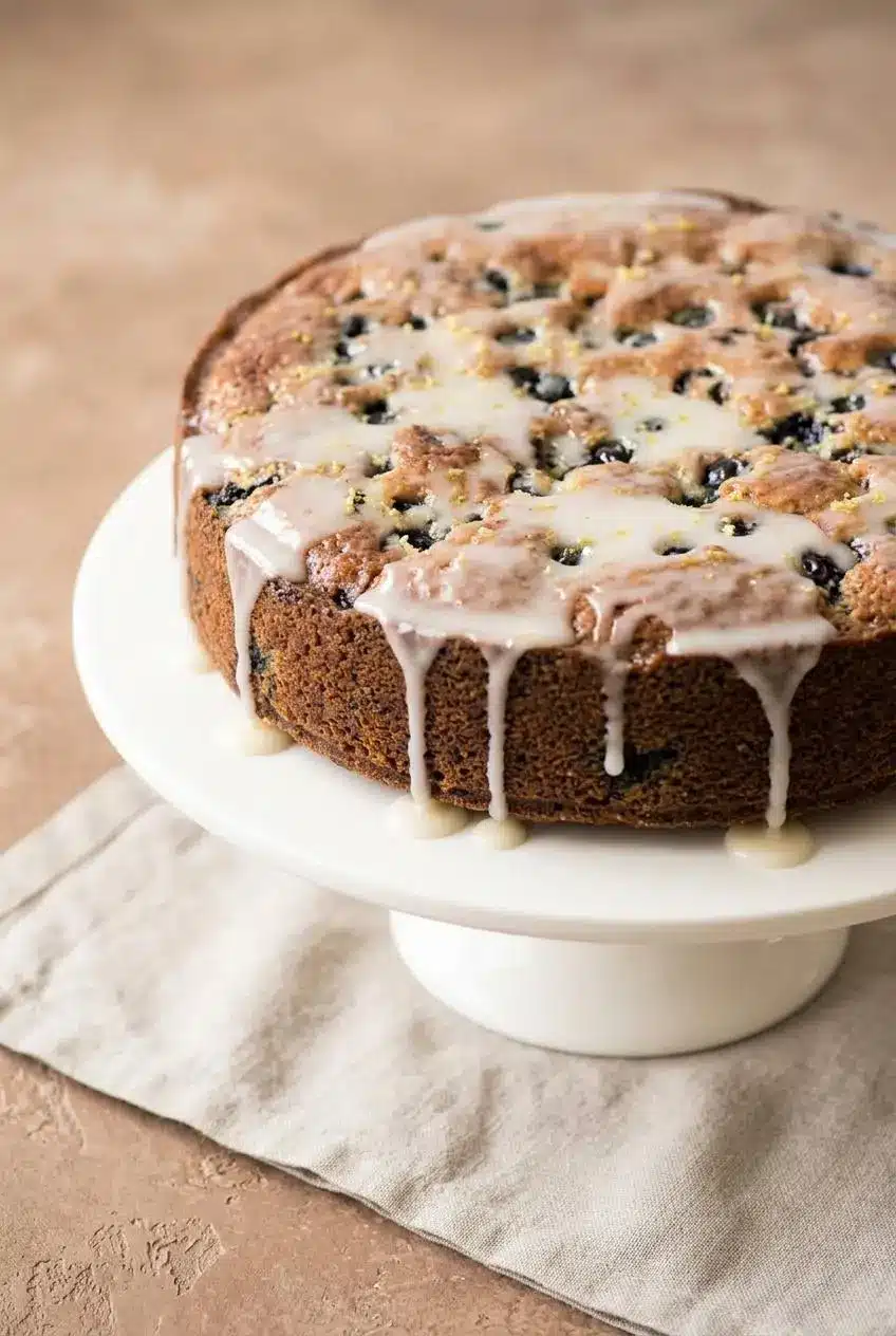Whole round cake on a ceramic stand with a thick, glossy white lemon glaze dripping down the sides.