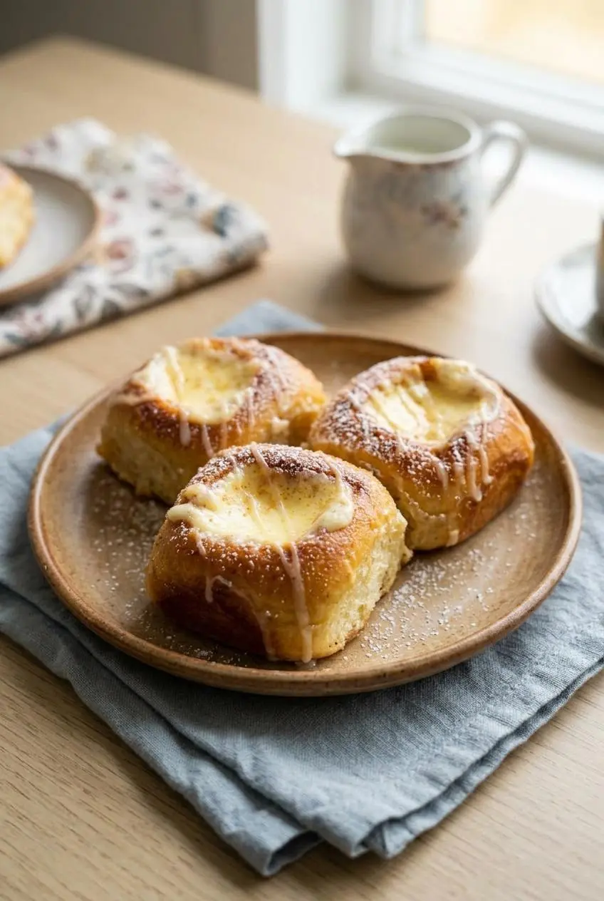 Three glazed Hawaiian roll cheesecake danishes drizzled with powdered sugar icing on a ceramic plate.