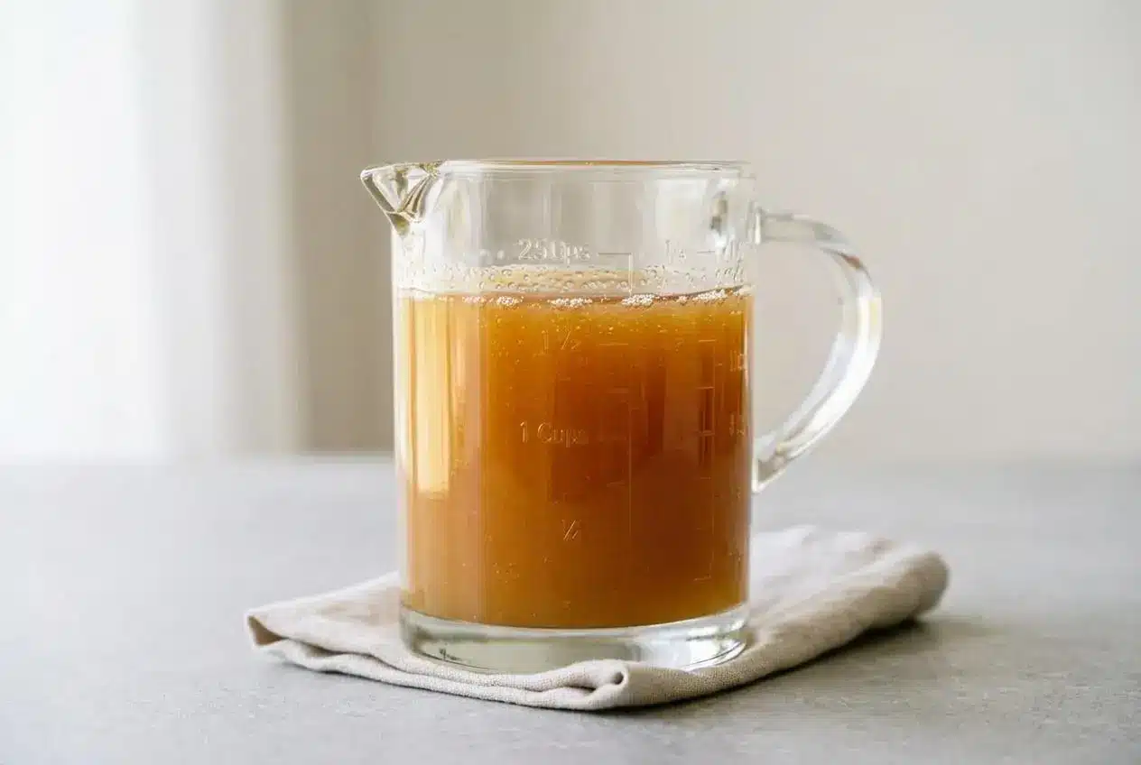 Warm and glossy golden buttermilk syrup cascading beautifully in a smooth, thick ribbon from a glass pitcher.