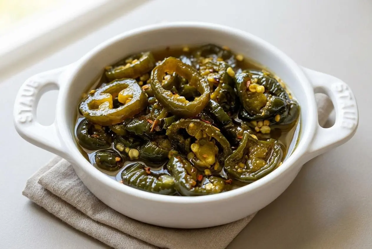 Glossy cowboy candy recipe with sliced green jalapeño peppers coated in a thick, shiny sweet vinegar syrup.
