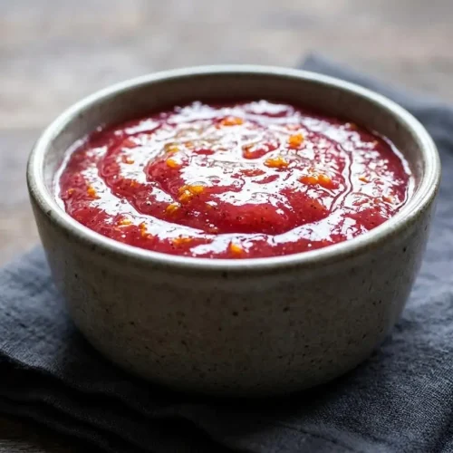 Glossy ruby-red rhubarb freezer jam set in a clear glass mason jar showing a bright, spreadable texture.