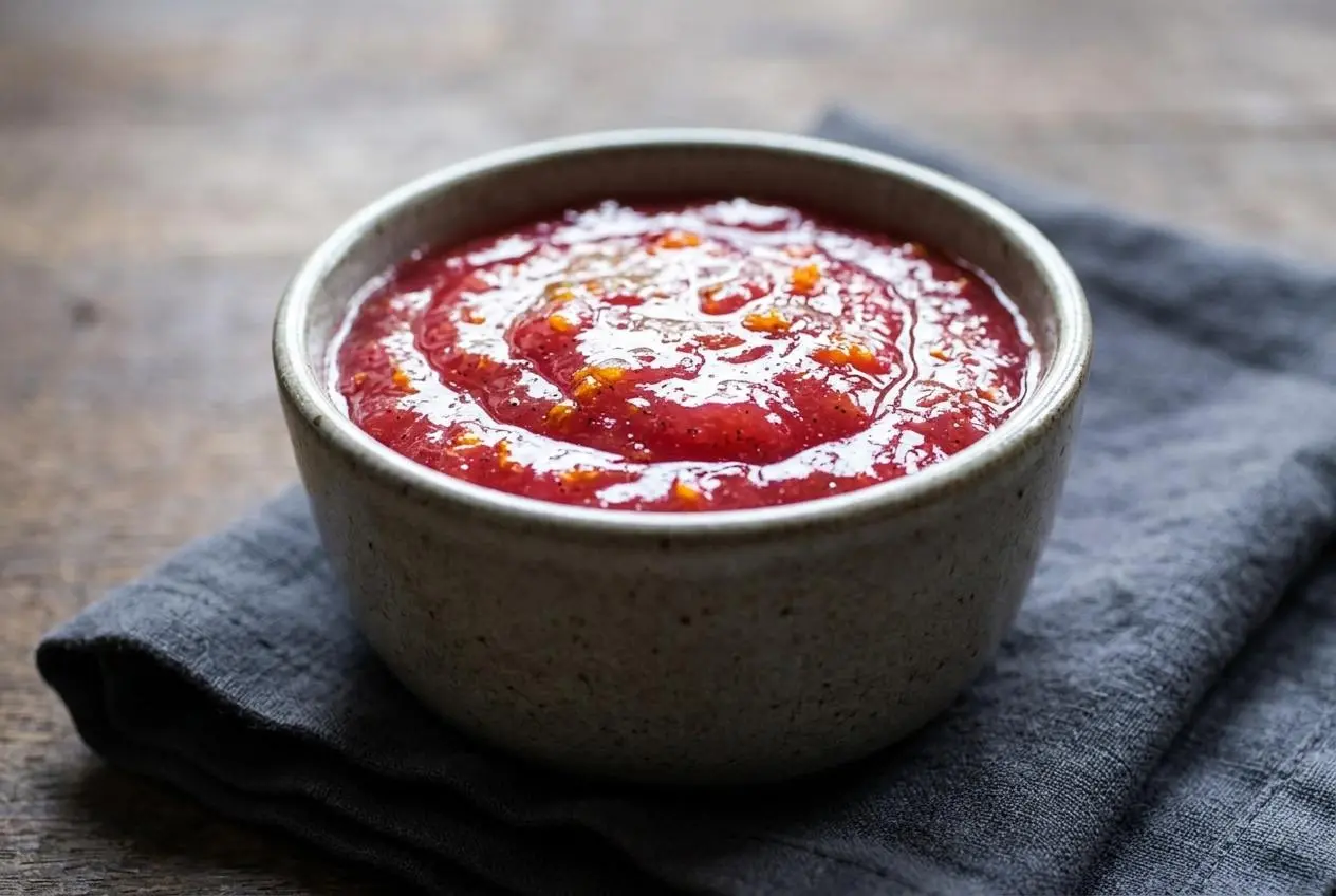 Glossy ruby-red rhubarb freezer jam set in a clear glass mason jar showing a bright, spreadable texture.