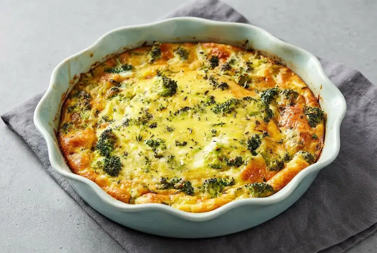 Baked crustless quiche with a golden top and green broccoli florets in a white ceramic dish.