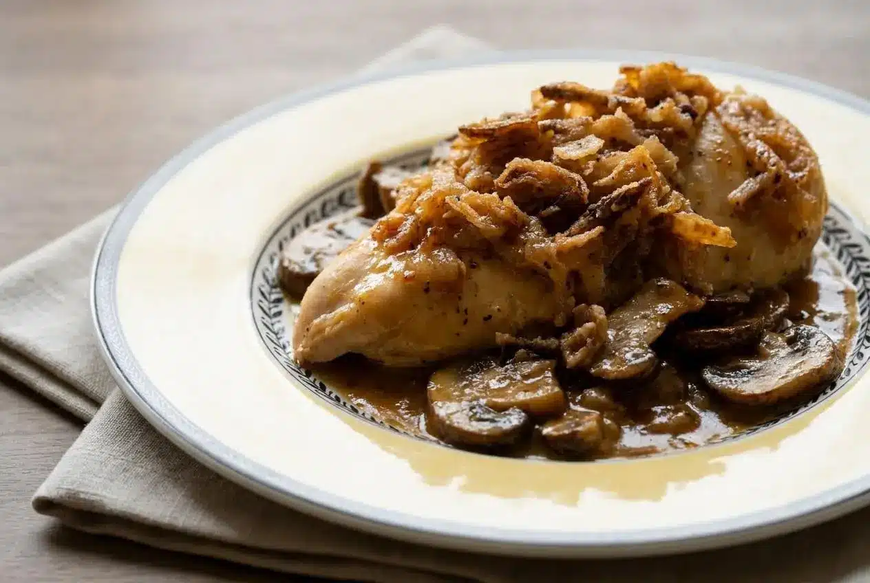 Golden Mushroom Chicken Bake with savory gravy, baby bella mushrooms, and a topping of golden crispy fried onions.