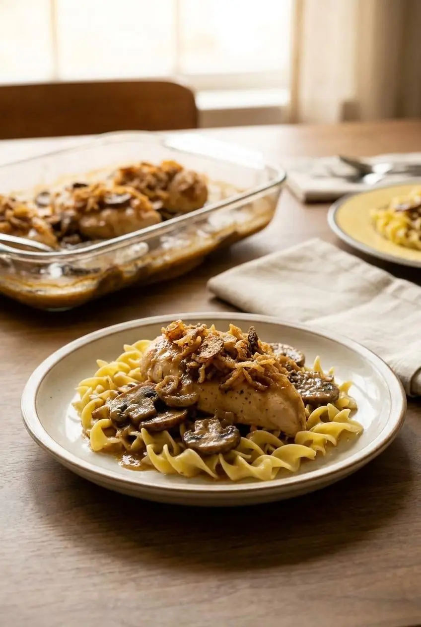 Plated portion of golden mushroom chicken served over buttered egg noodles with savory gravy spooned on top.