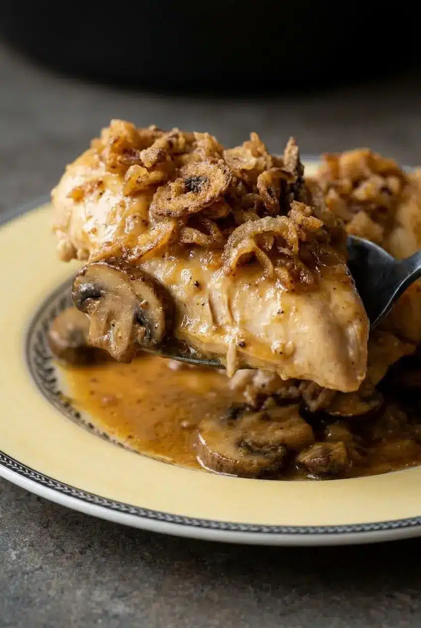 Serving spoon lifting baked chicken breast coated in glossy golden mushroom gravy and crispy fried onions.