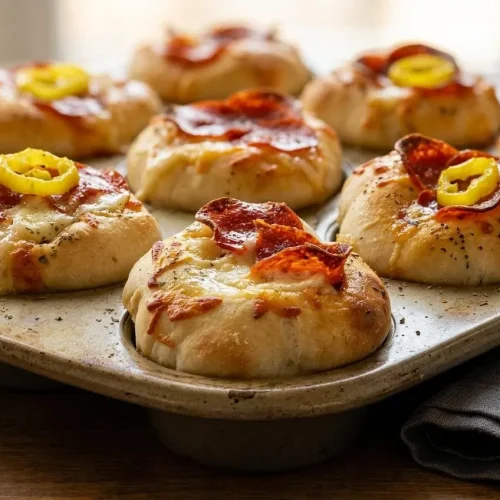 Baked golden-brown rolls from this Sourdough Pizza Bombs Recipe brushed with glistening garlic butter.