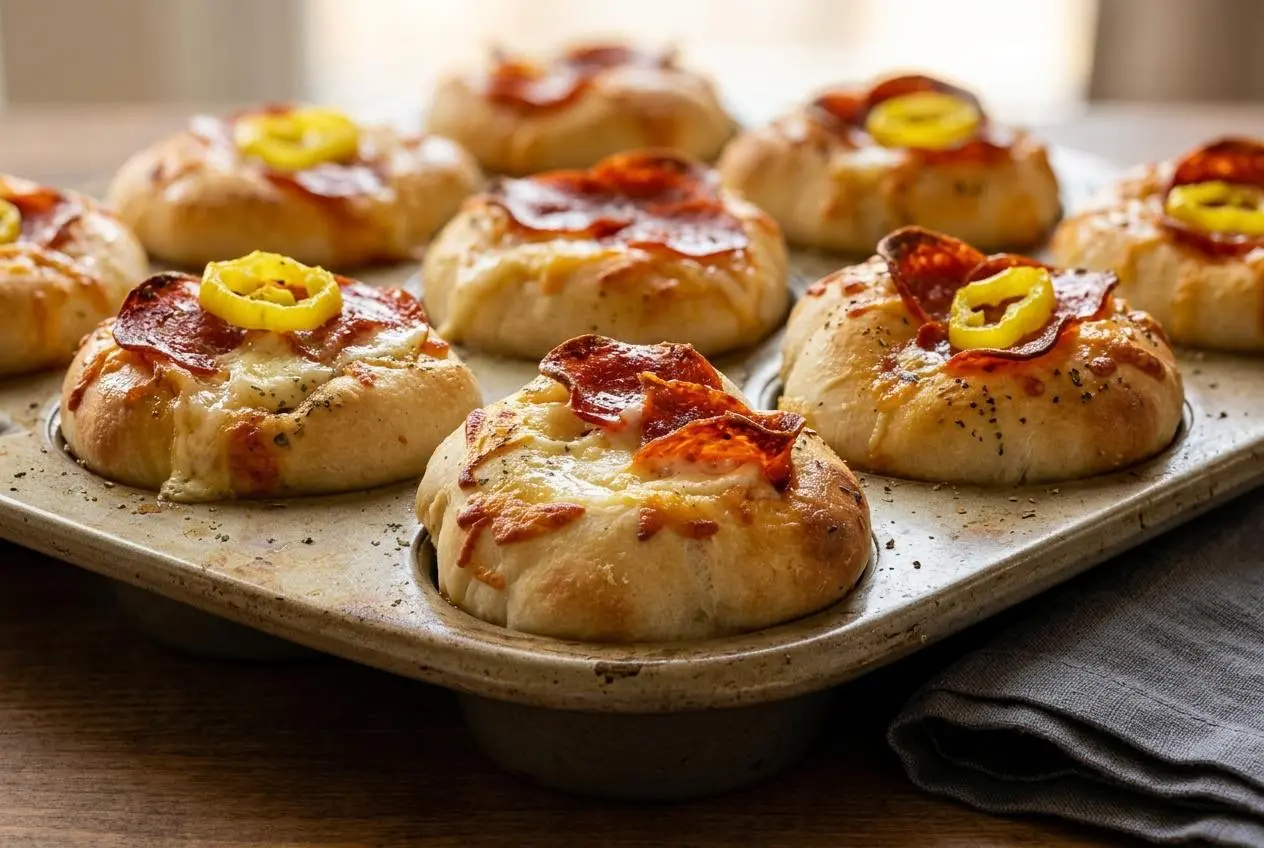 Baked golden-brown rolls from this Sourdough Pizza Bombs Recipe brushed with glistening garlic butter.