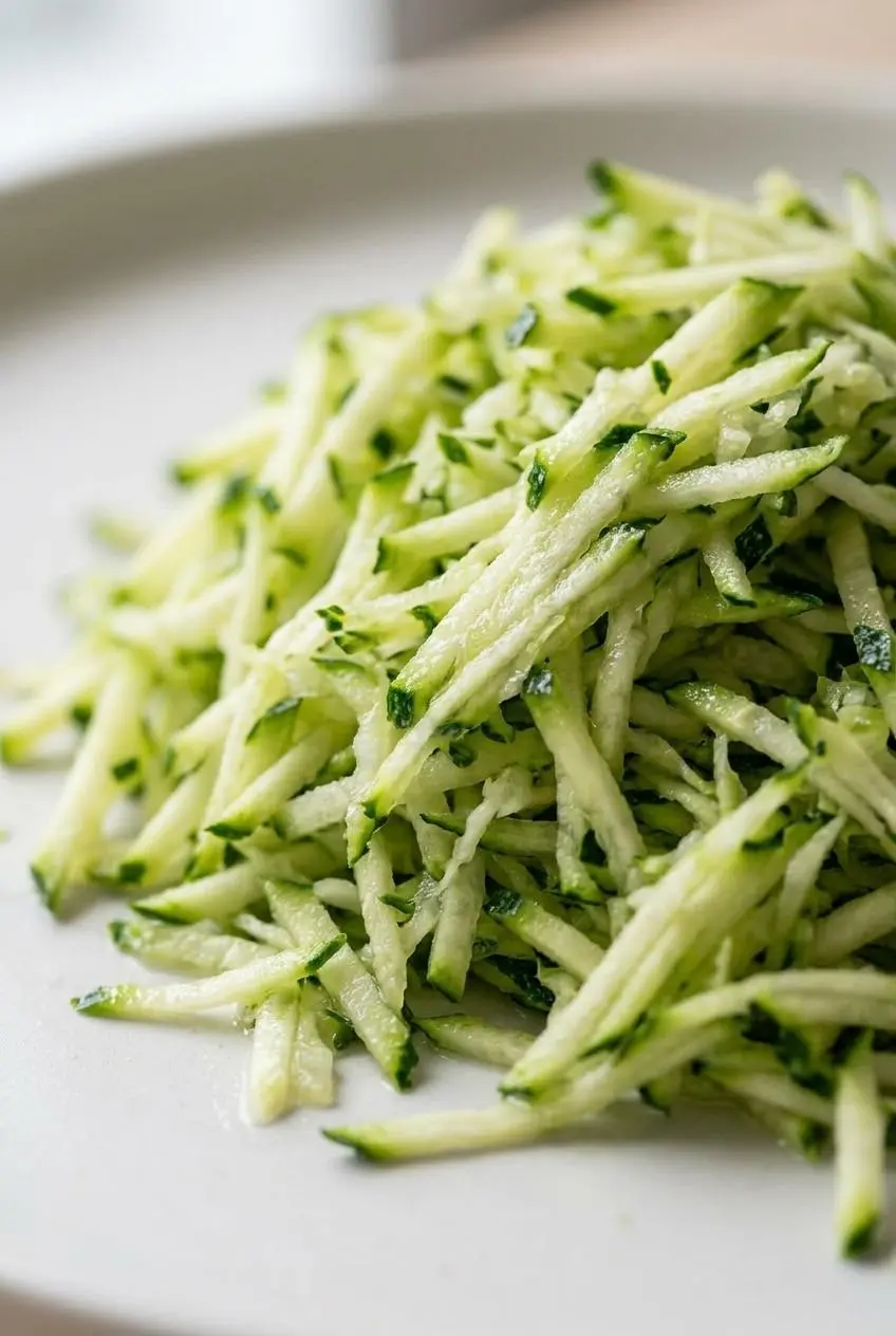 Freshly grated green zucchini with skins on piled on a light ceramic surface, showing crisp and moist strands.