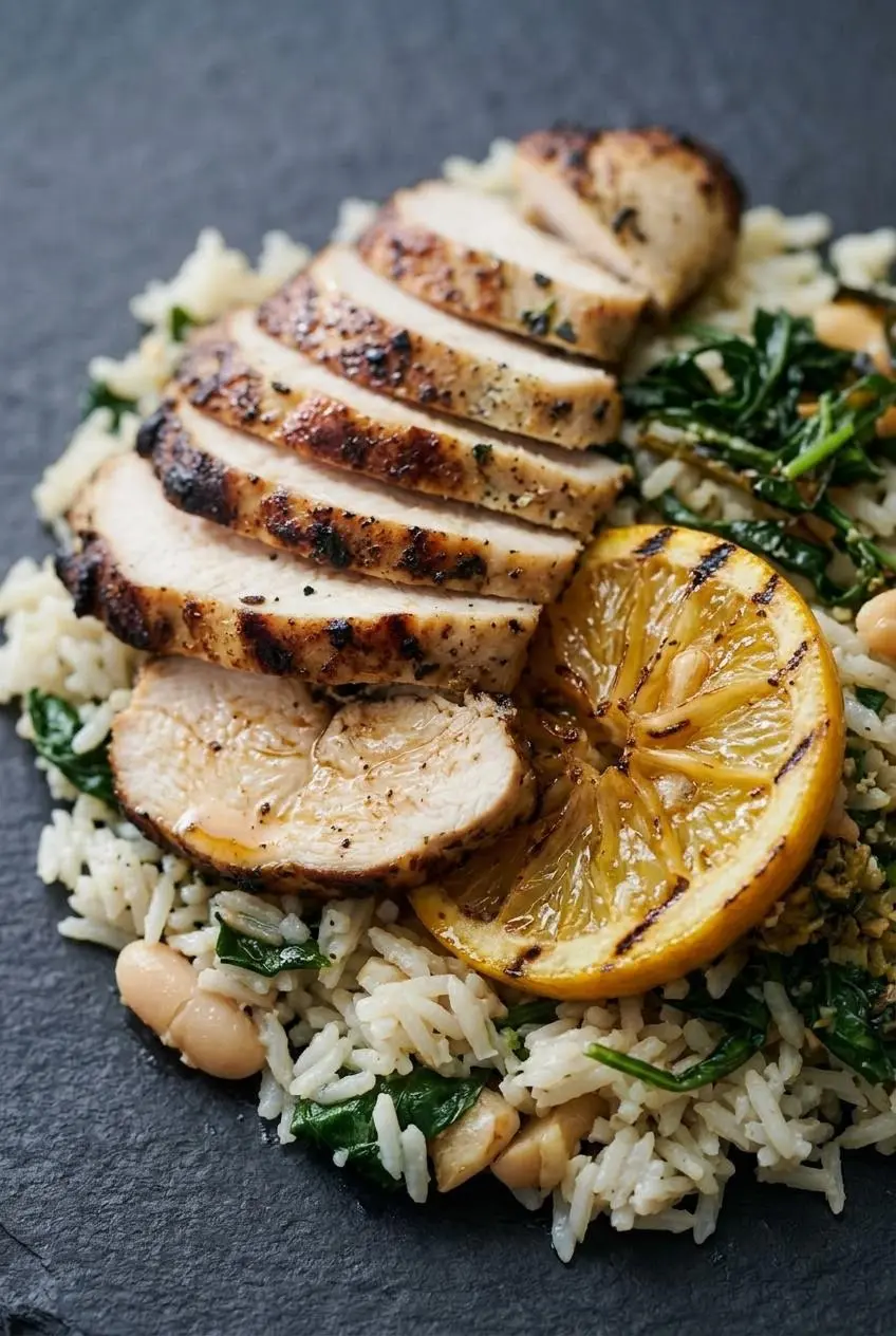 Macro view of juicy grilled chicken breast with deep grill marks and a caramelized Meyer lemon slice over spinach rice.