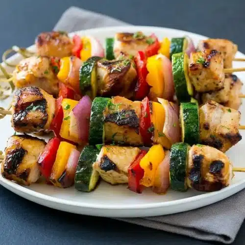 Grilled chicken kabobs with a glossy honey soy glaze and charred red onion, zucchini, and bell peppers.