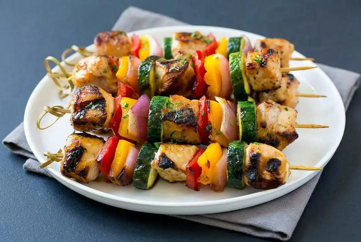 Grilled chicken kabobs with a glossy honey soy glaze and charred red onion, zucchini, and bell peppers.