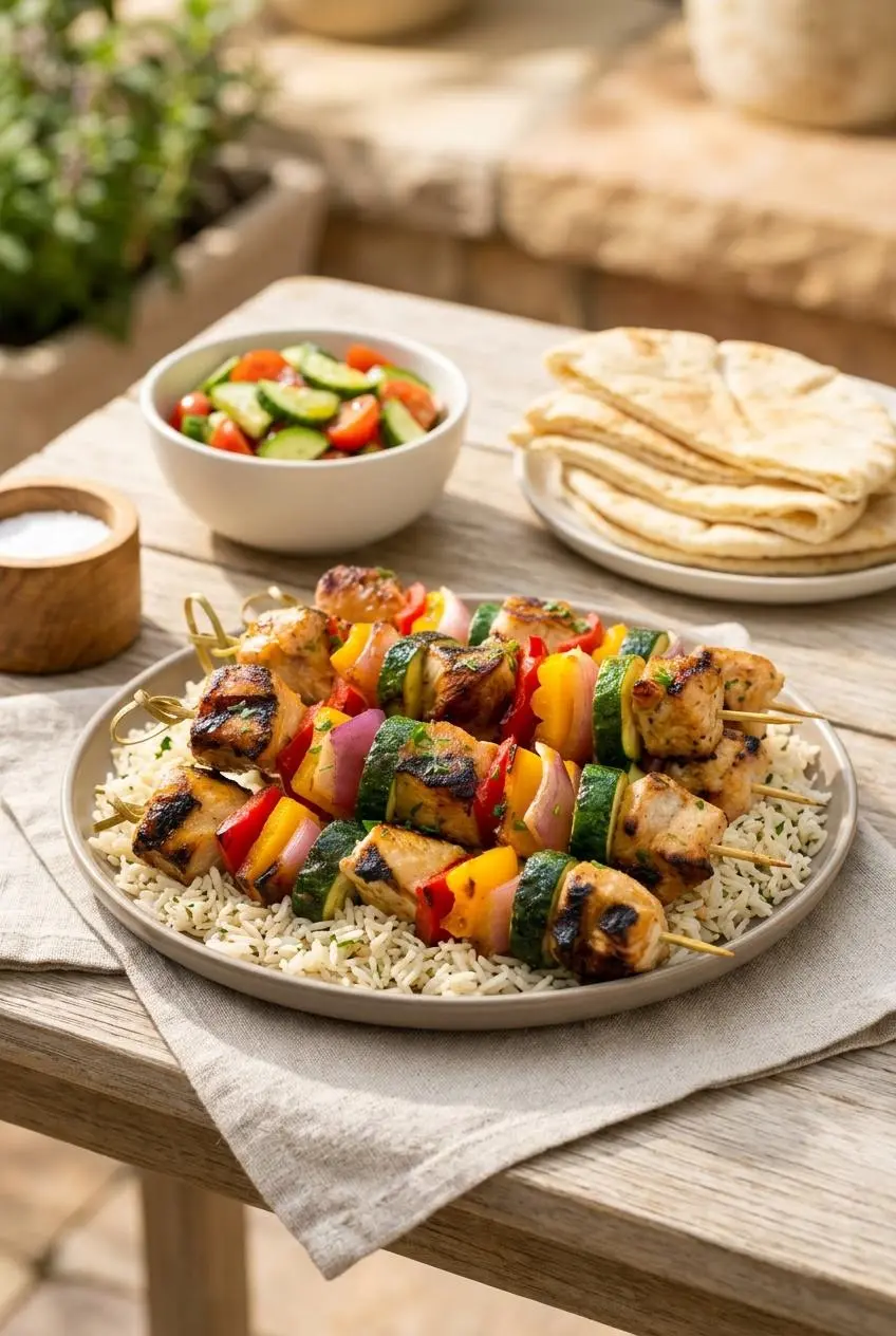 Three grilled chicken skewers served over a bed of fluffy basmati rice pilaf on a ceramic platter.