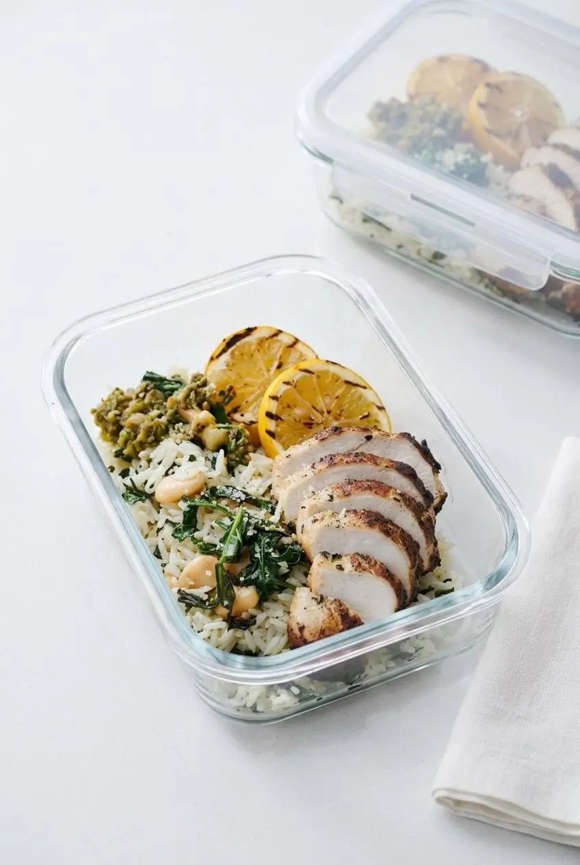Grilled chicken, caramelized lemon, and spinach rice portioned into a clear glass airtight meal prep container.