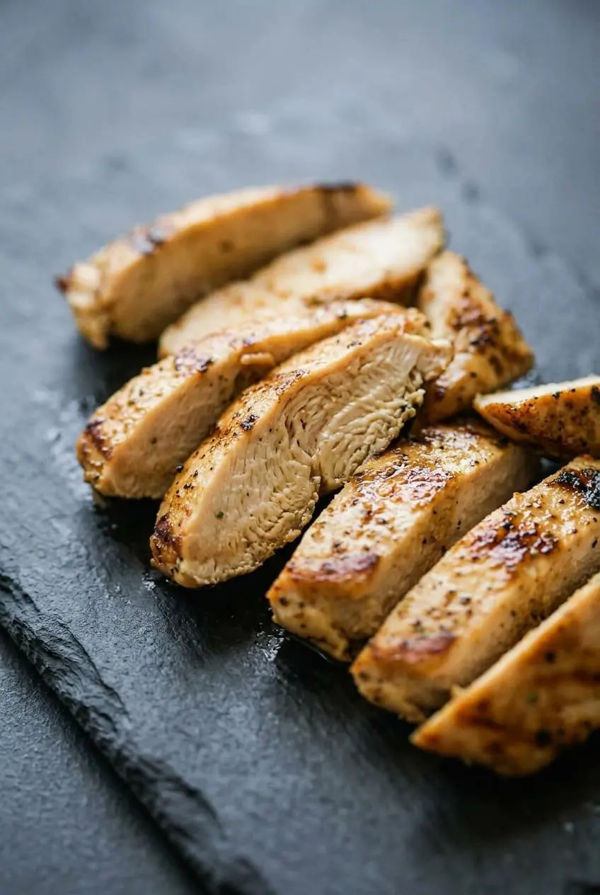 Close-up of sliced grilled chicken breast with dark grill marks, showing juicy fibers sliced against the grain.