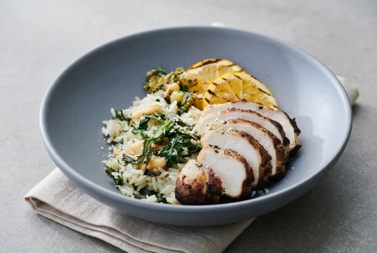 Grilled Chicken Summer Rice Bowls featuring juicy sliced chicken and caramelized lemon over garlicky spinach jasmine rice.