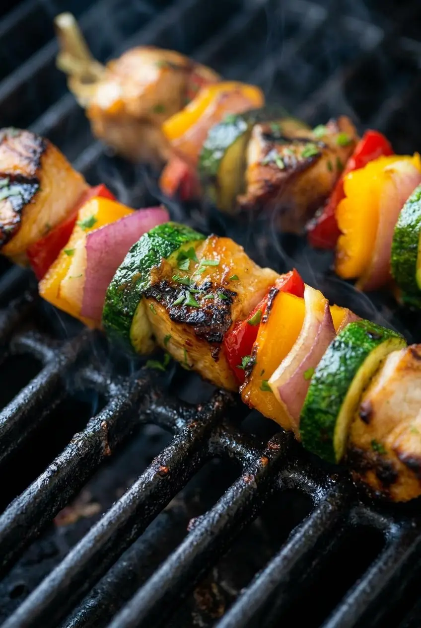 A close-up shot of a single chicken kabob sizzling on hot grill grates with caramelized glaze and grill marks.
