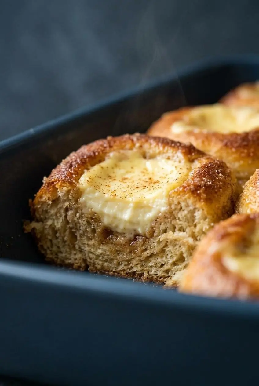 Macro shot of a baked sweet roll danish showing caramelized cinnamon sugar crust and a soft cream cheese center.