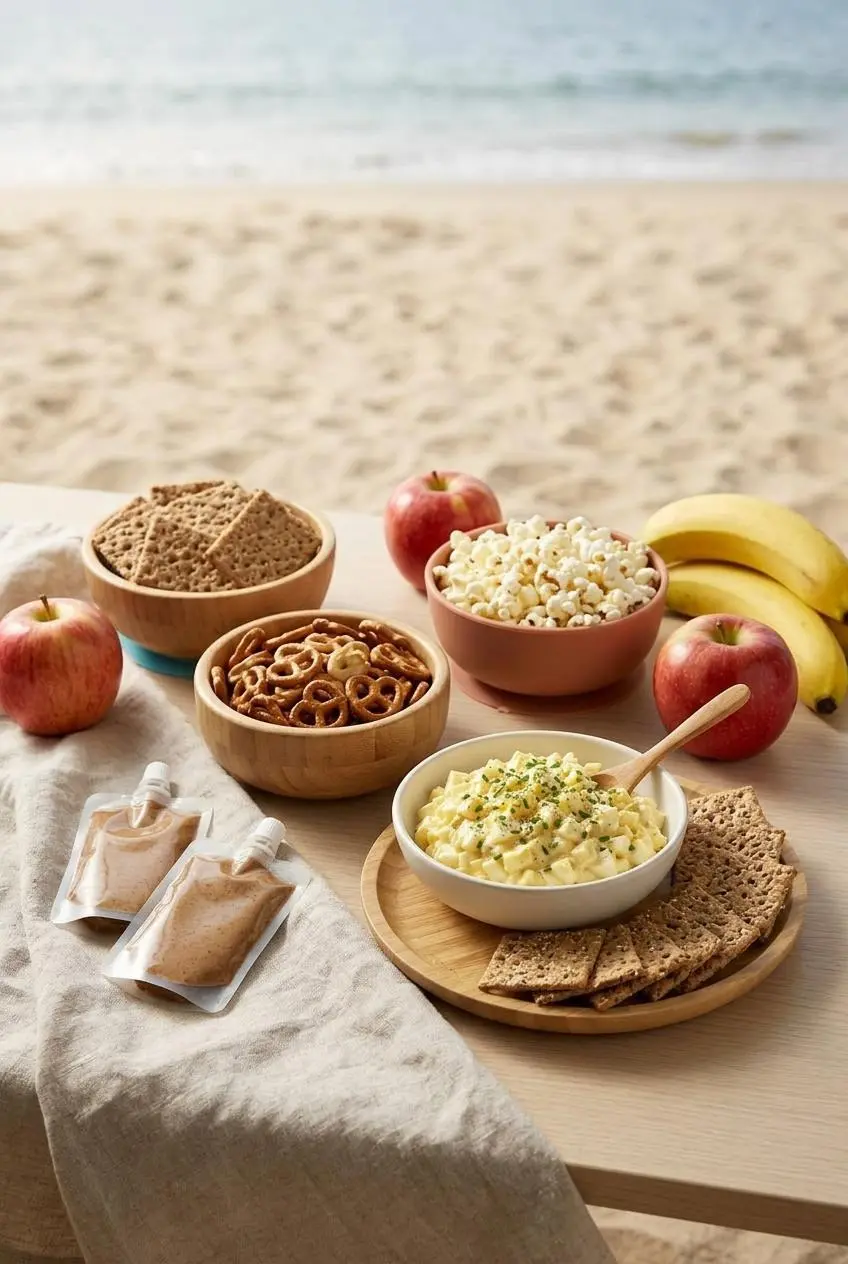 A variety of dry beach snacks including pretzels, popcorn, and whole fruits arranged on a light wooden table.