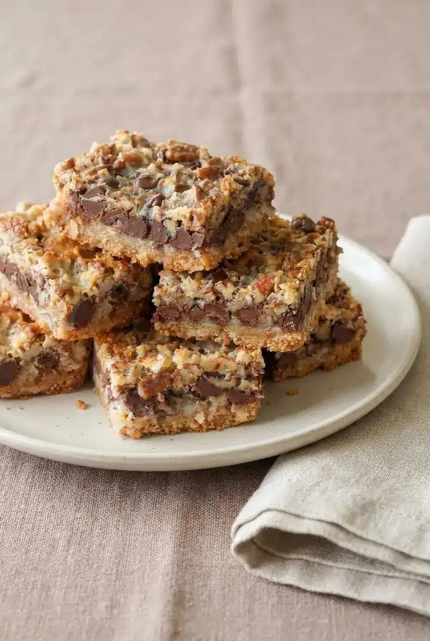 Stack of neatly cut square dessert bars piled on a ceramic plate.