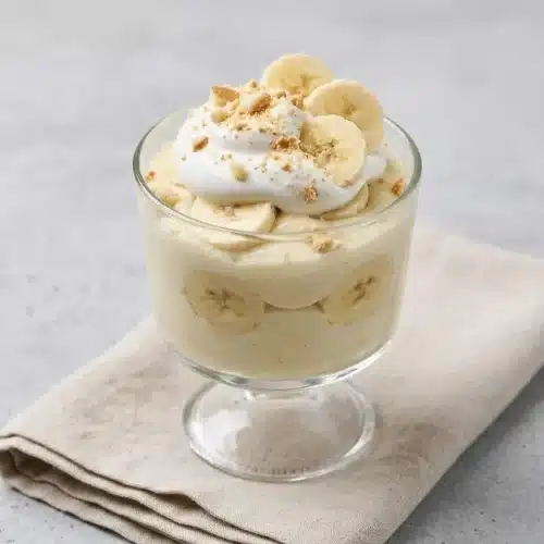 High-Protein Banana Pudding layered in a glass with crushed wafers, whipped topping, and fresh banana slices.