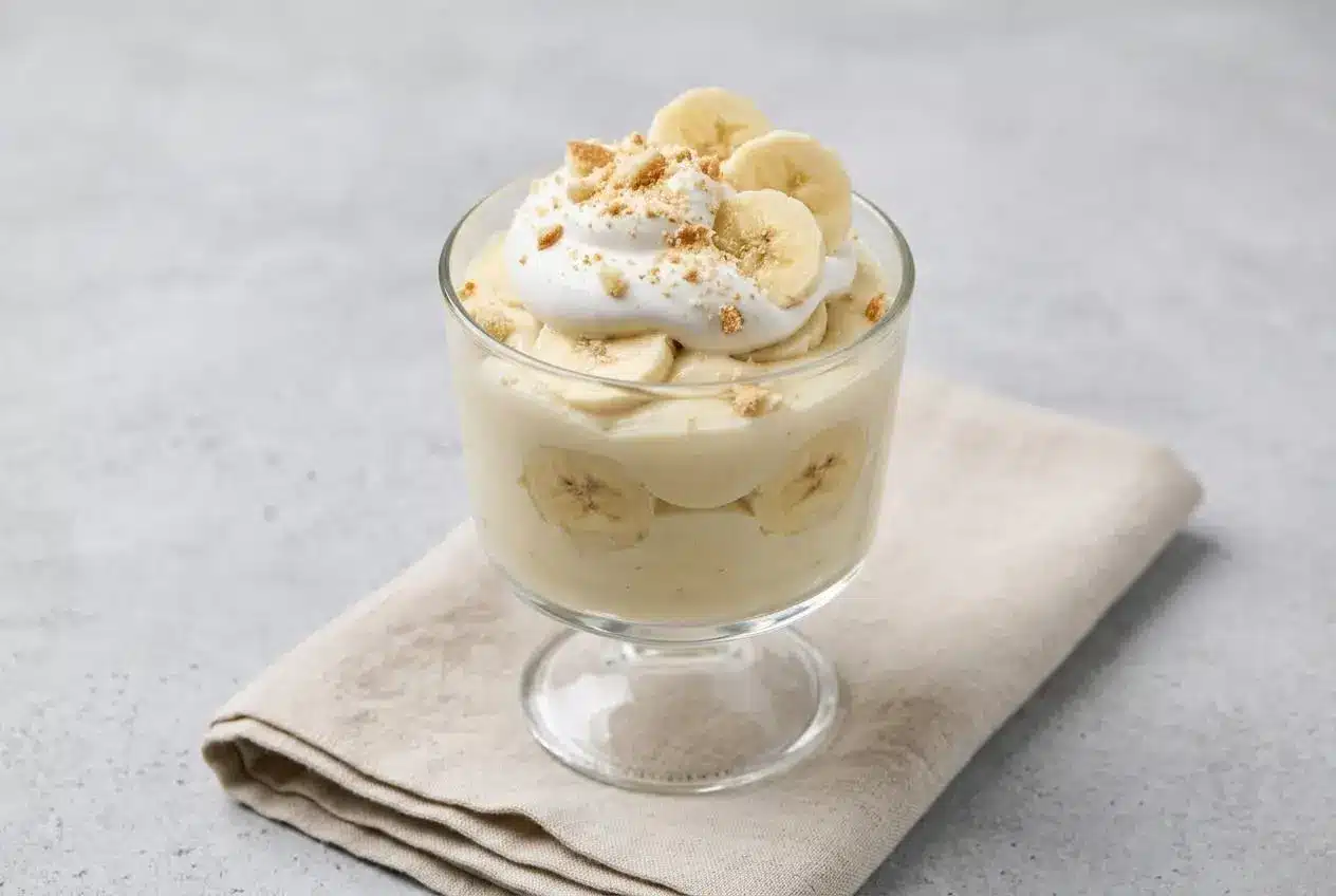 High-Protein Banana Pudding layered in a glass with crushed wafers, whipped topping, and fresh banana slices.