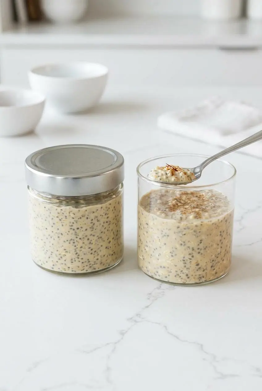 Two glass jars of prepared oats on a bright white kitchen counter, one with a sealed metal lid and the other open.