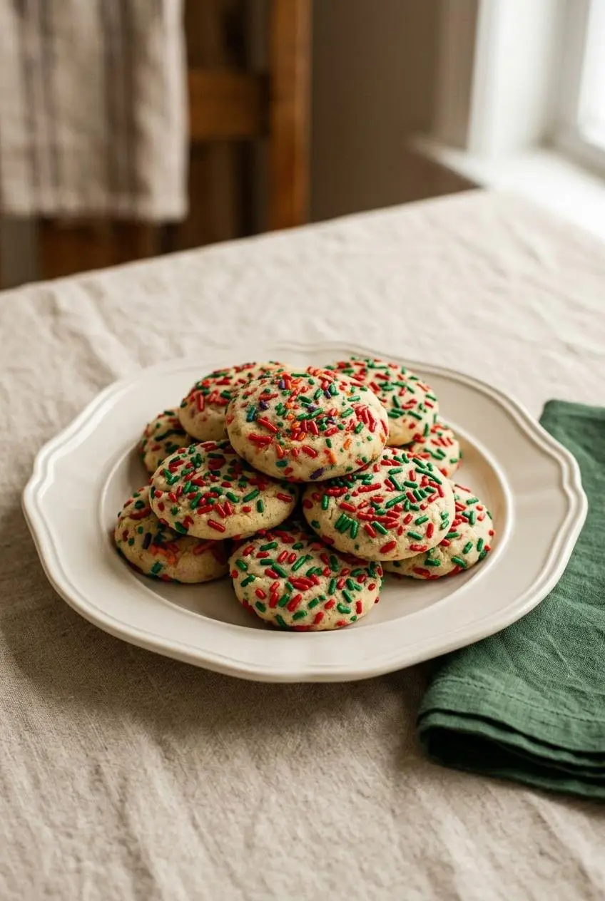 A neat stack of holiday sprinkle cookies made with red and green jimmies on an off-white ceramic serving plate.
