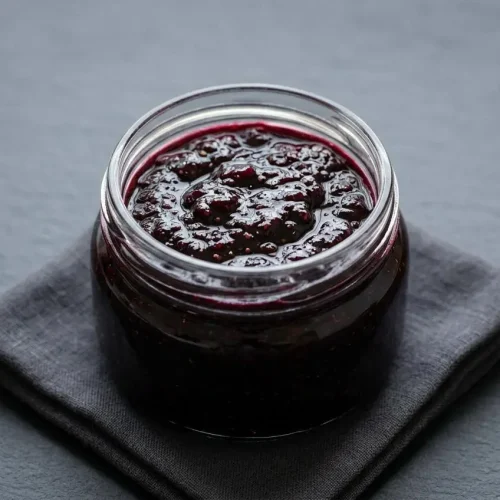 A clear jar filled with deep purple, glossy blackberry jam on a wooden surface with a spoon of jam nearby.
