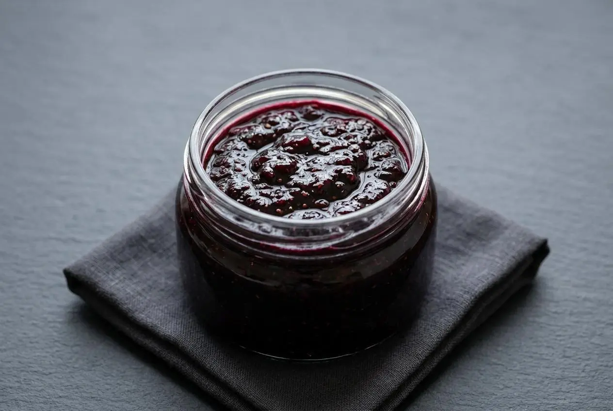 A clear jar filled with deep purple, glossy blackberry jam on a wooden surface with a spoon of jam nearby.