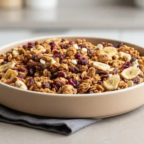 Golden, crisp protein granola clusters made with rolled oats and peanut butter.