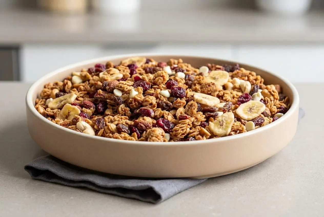 Golden, crisp protein granola clusters made with rolled oats and peanut butter.