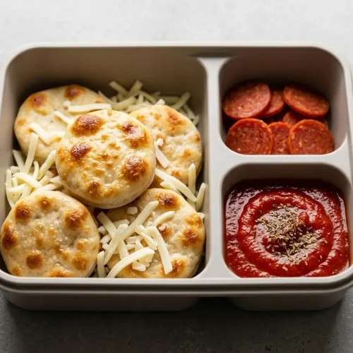 An open bento lunchbox containing three sourdough flatbreads, pepperoni slices, shredded mozzarella, and marinara sauce.