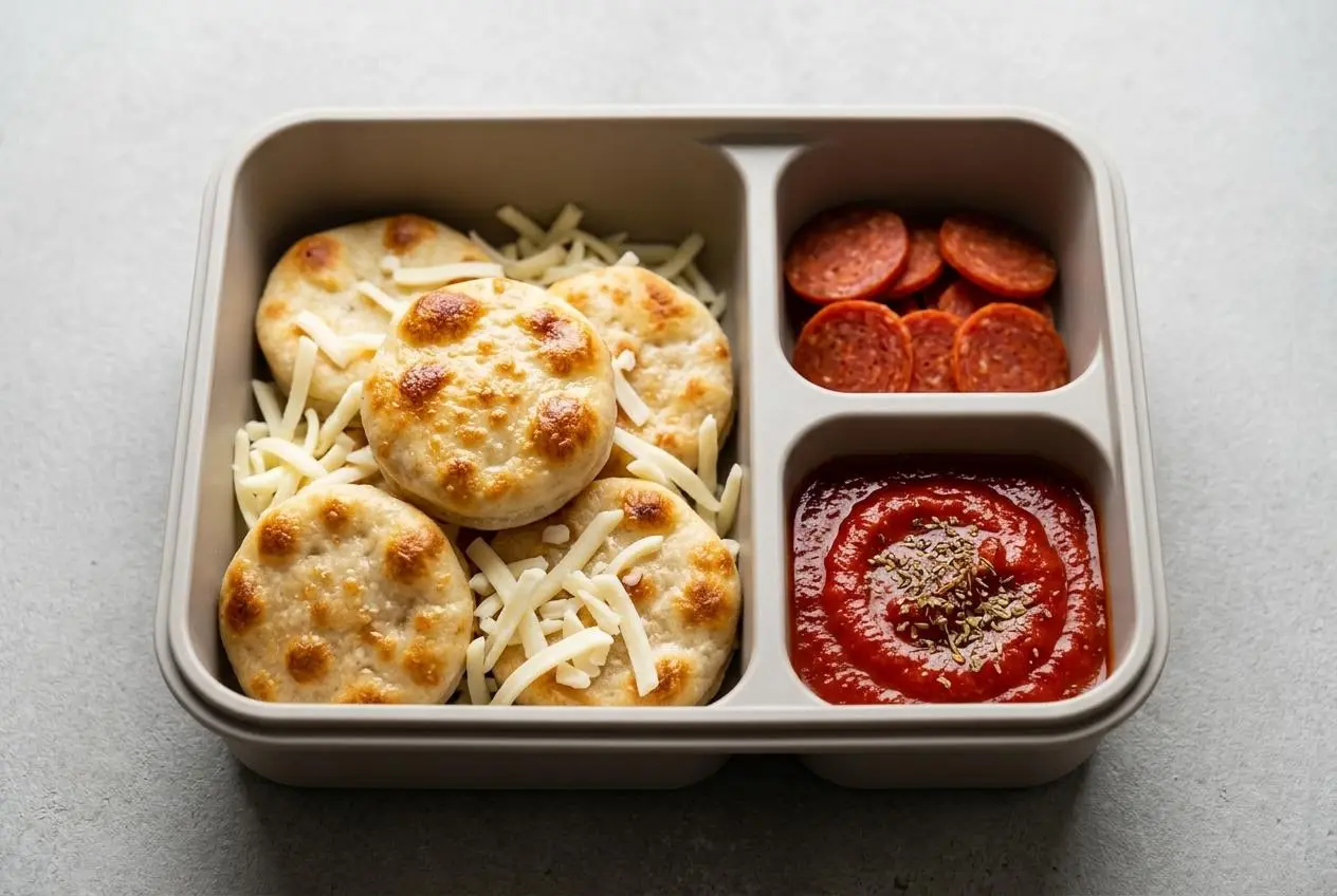 An open bento lunchbox containing three sourdough flatbreads, pepperoni slices, shredded mozzarella, and marinara sauce.