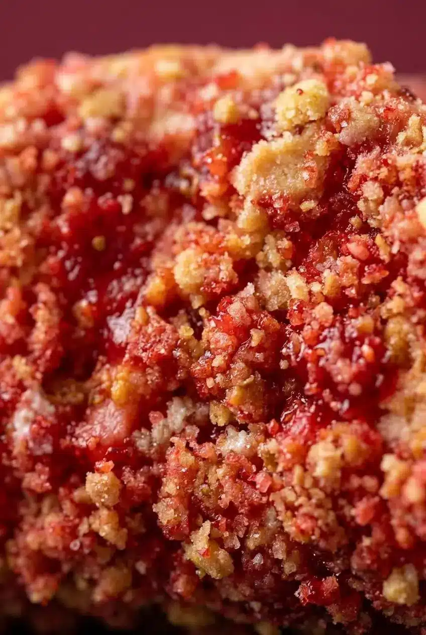 Close-up of vibrant red and golden strawberry crunch crumble texture resembling wet sand.